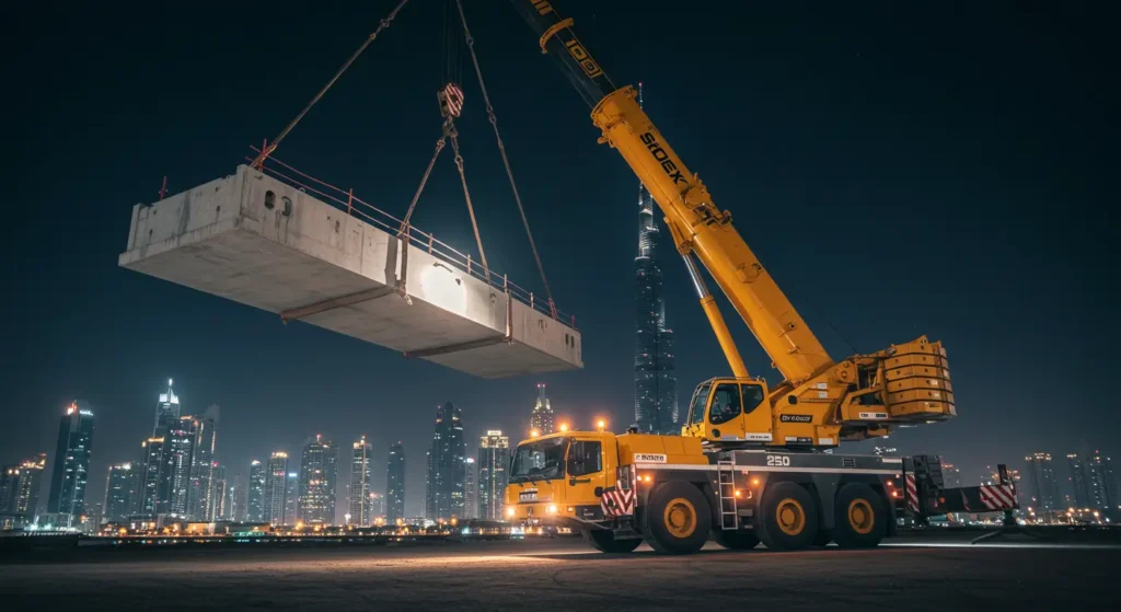 shot of a massive 250-ton mobile crane lifting a huge concrete bridge segment (1)
